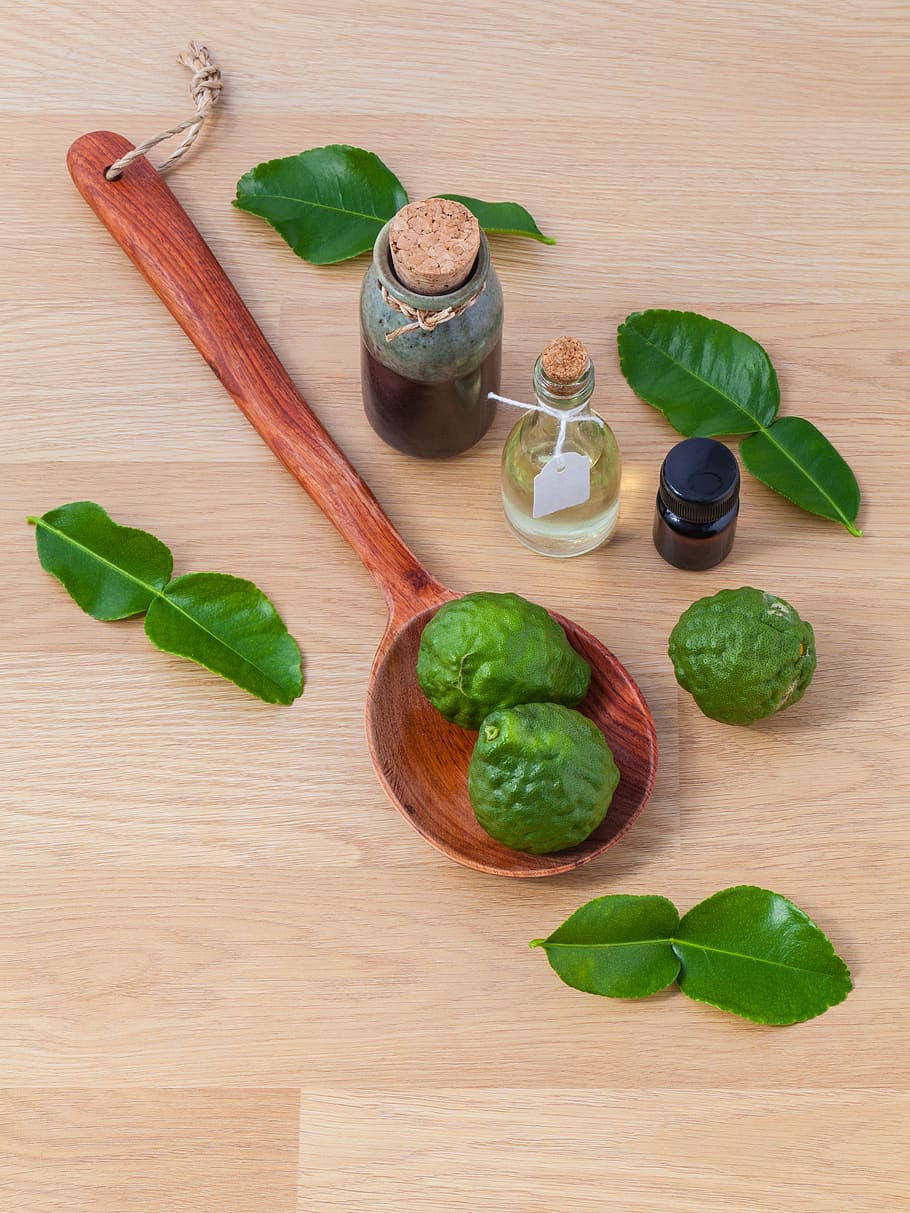 two, green, fruits, spoon, vials, alternative, aromatherapy, aromatic, bottle, care