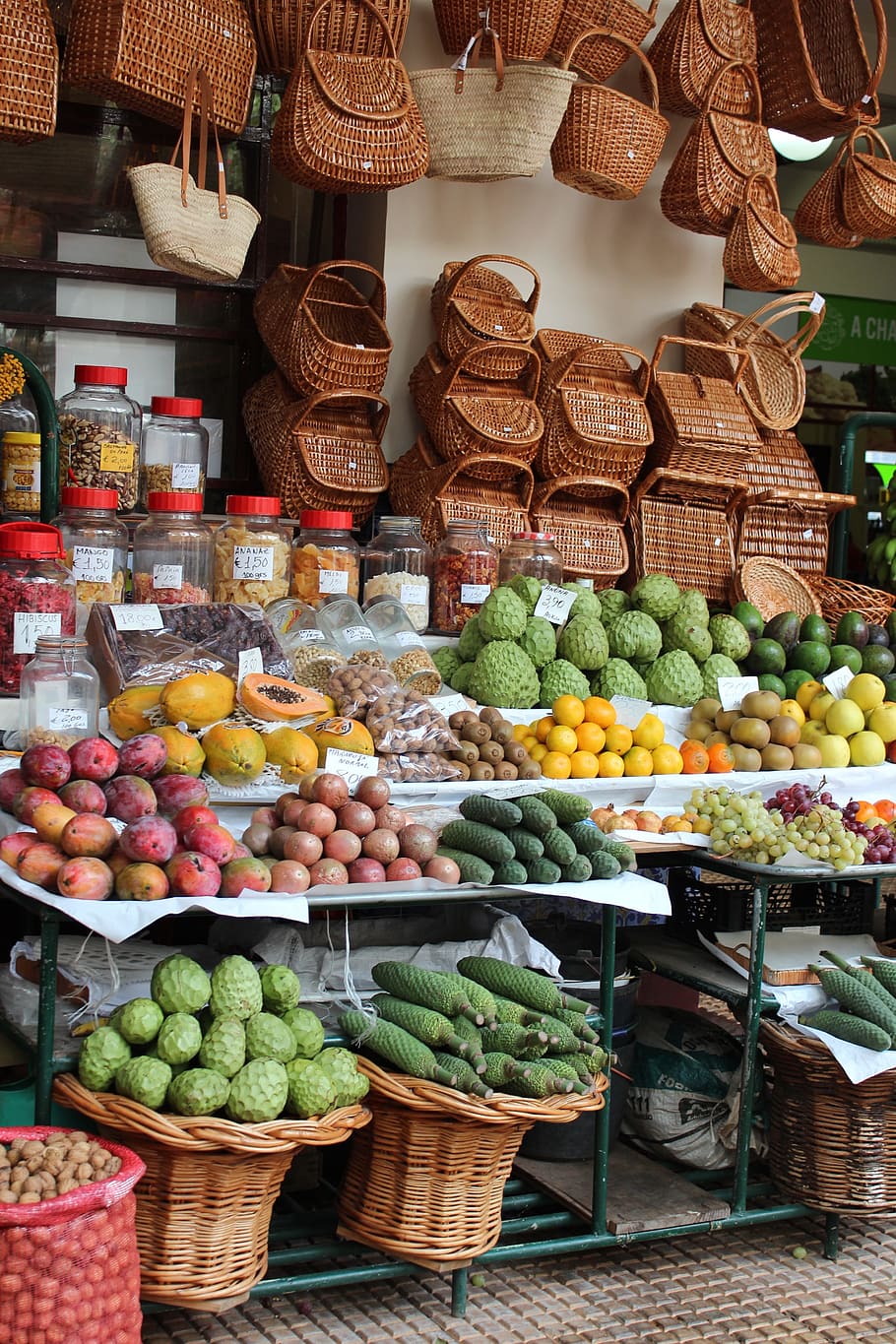 mercado, fruta, cestas, fresco, alimentos, saludable, orgánico, vegetariano, colorido, maduro