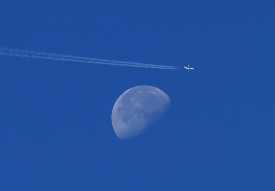 moon, airplane, night, flight, aircraft, flying, blue, jet, high, aviation