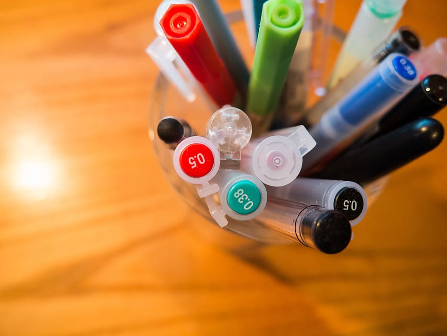 canetas, lápis, papelaria, negócios, escritório, mesa, multicolorido, sem pessoas, escolha, interior