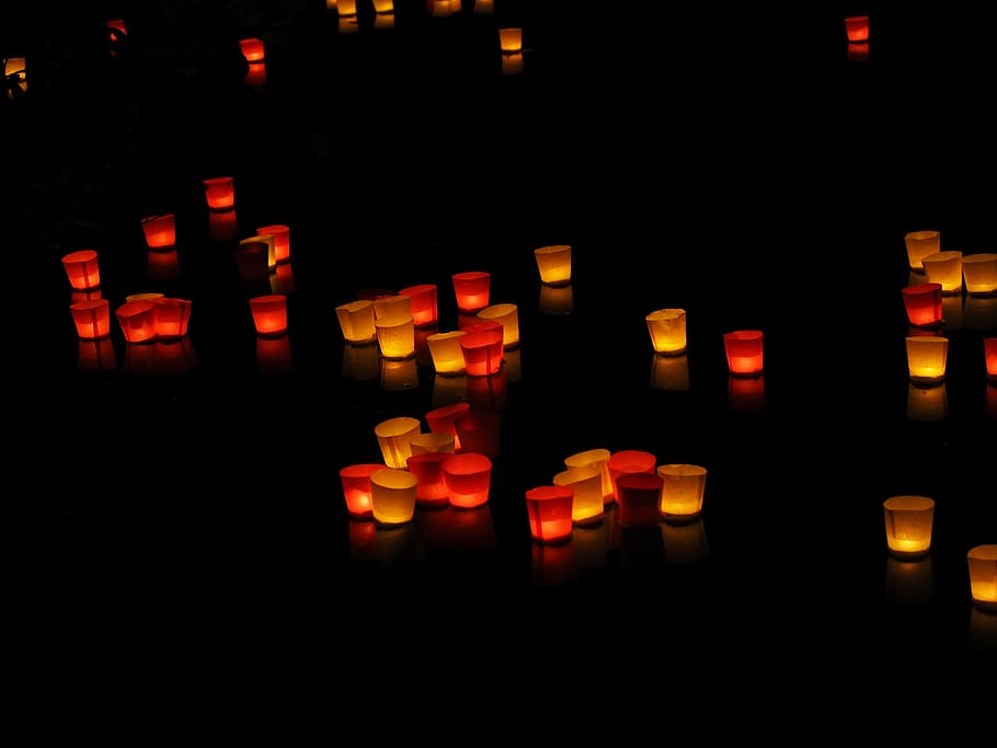 lights, candles, floating candles, festival of lights, lights serenade, ulm, red, yellow, river, danube