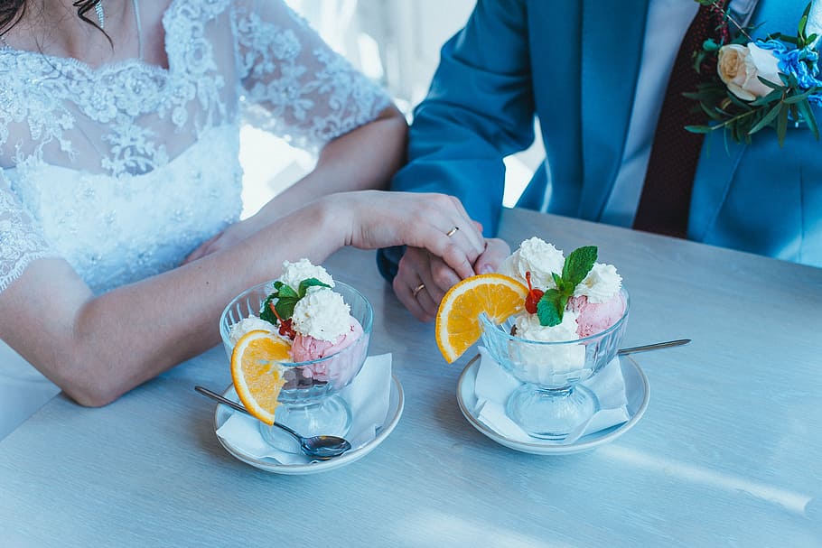 ice cream, top, table, wedding, orange, women, adult, two people, midsection, togetherness