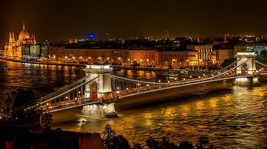 bridge, night, szechenyi chain bridge, architecture, landmark, historic, river, reflections, budapest, hungary