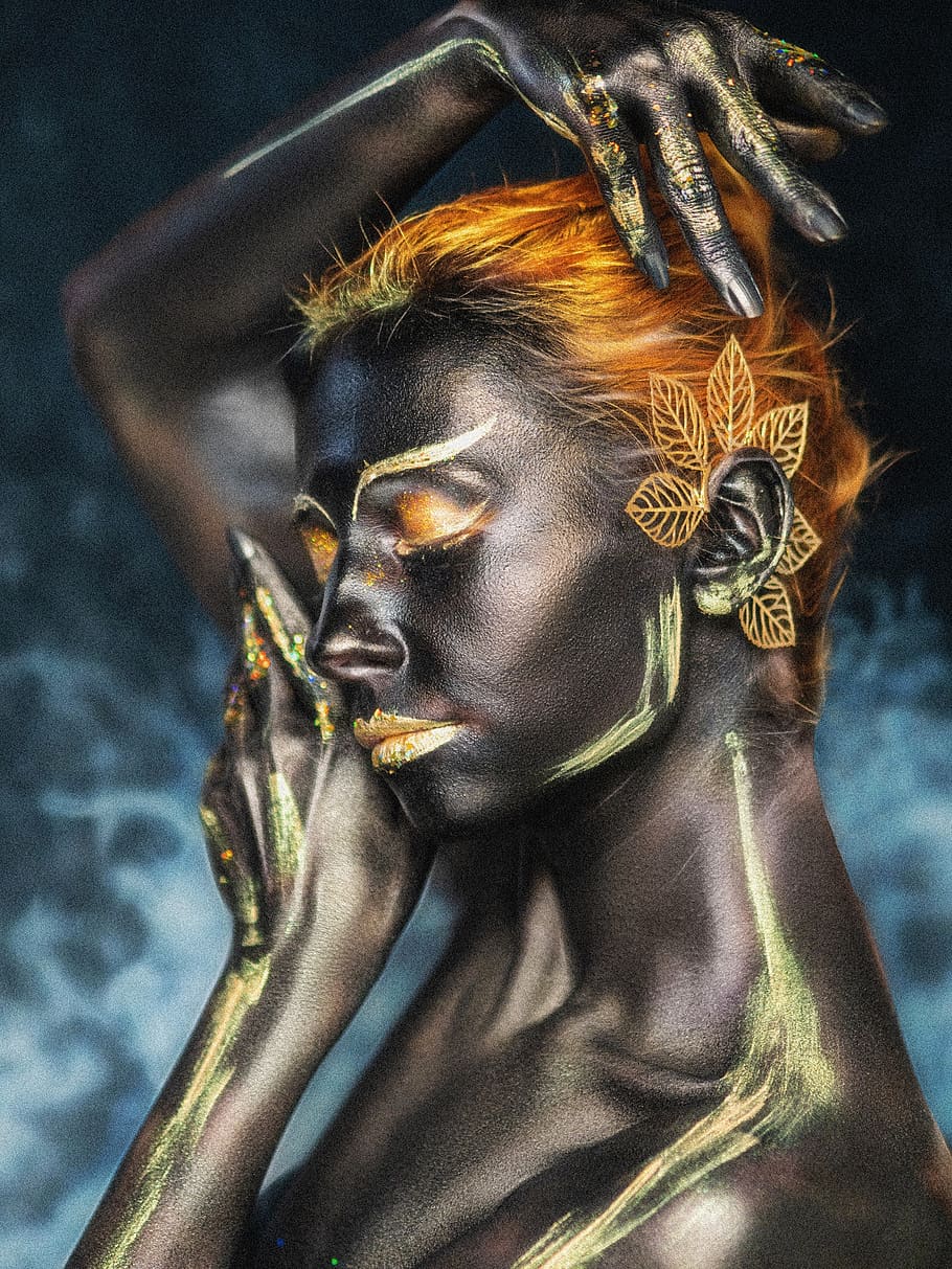 body painting, makeup, cosplay, portrait, dark skin, afro, africa, black leather, model, girl