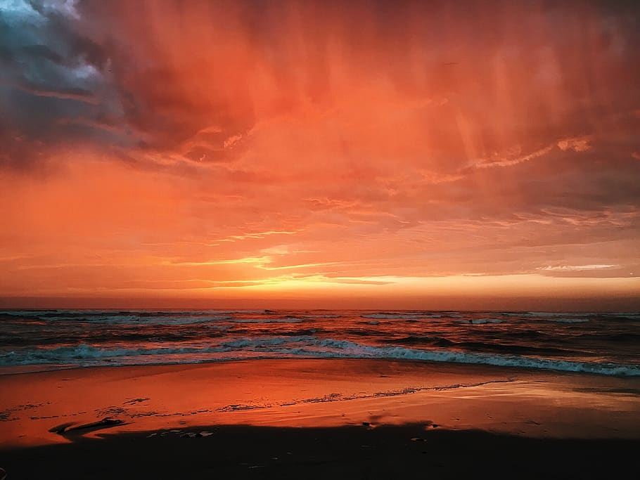 red, sky, clouds, beach, coast, sea, ocean, water, nature, sunset