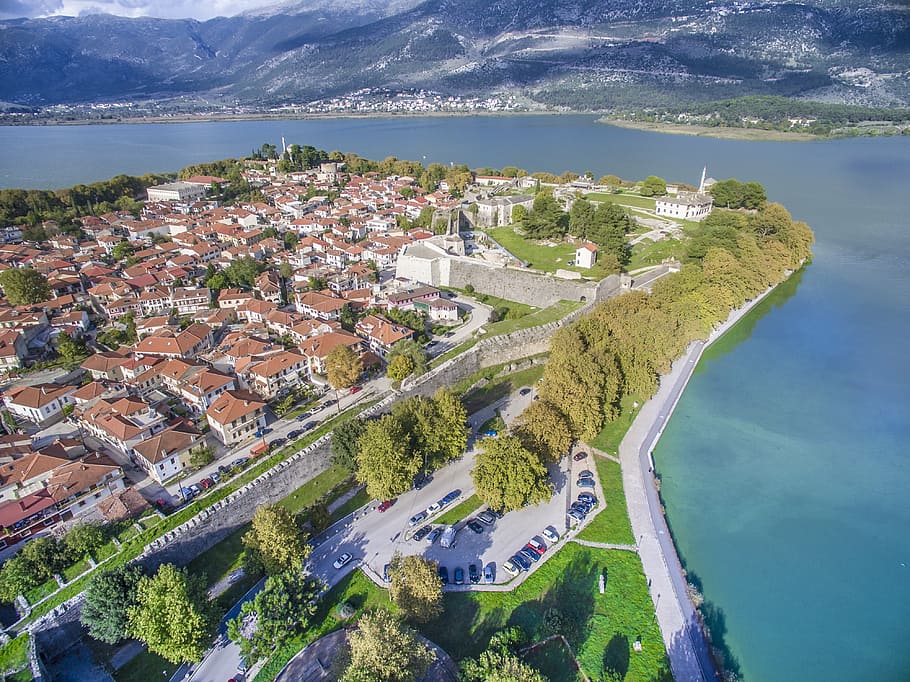 aerial, view photography, city, ioannina, lake, mosque, kale, sky, greece, scenery