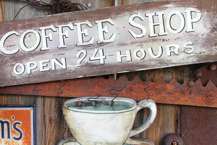 cafeteria, aberto, 24 horas, sinalização 24 horas, café, placa, café expresso, marrom, cafeína, textura
