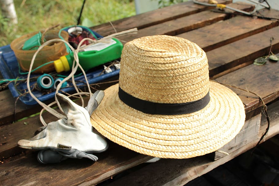 garden, hat, straw hat, clothing, wood - material, day, mode of transportation, nature, close-up, rope