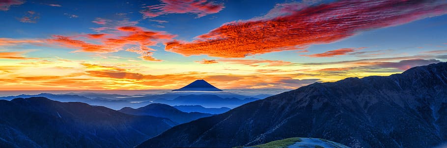 photo of mountain, panoramic landscape, morning glow, mt fuji, red cloud, the southern alps, october, japan, sunset, nature