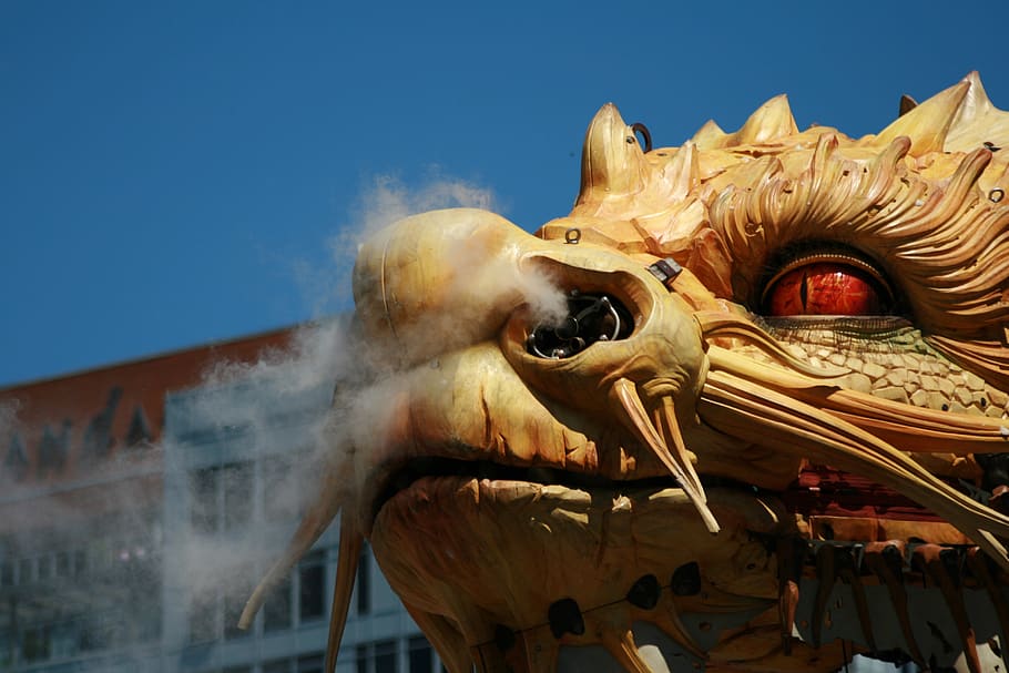 dragon, head, art, statue, sky, celebration, animal, ancient, asian, oriental