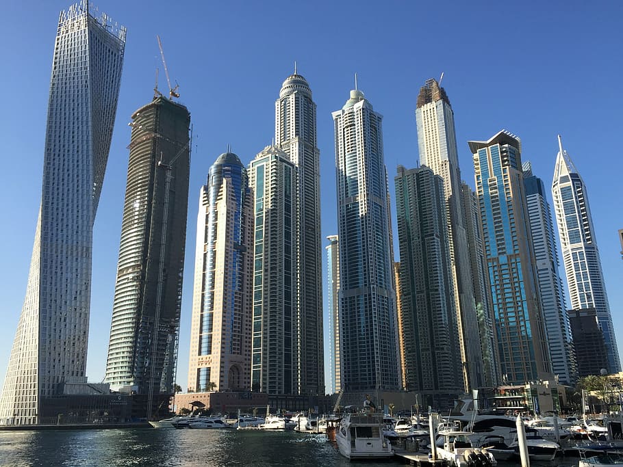photography, gray, high-rise, building, daytime, skyscrapers, dubai, boats, luxury, business