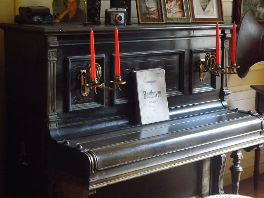 black upright piano, piano, beethoven, candles, chandeliers, old house, music, musical Instrument, piano Key, classical Music