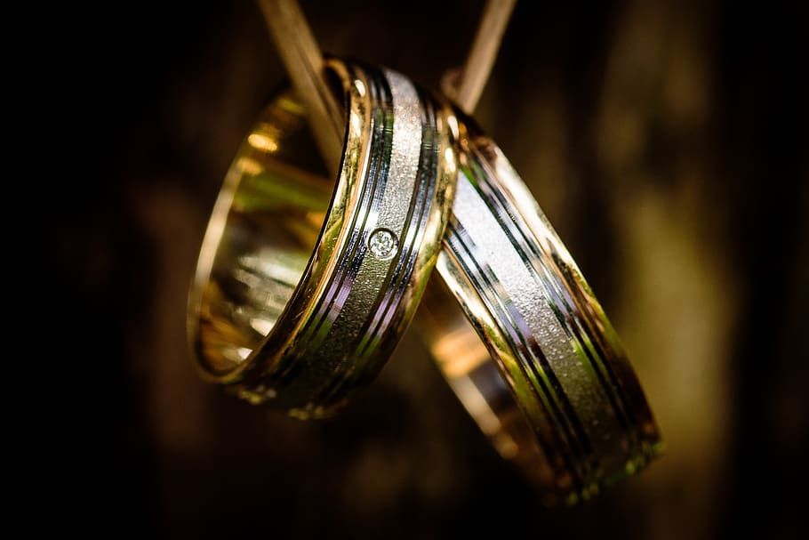 wedding, ring, engagement, couple, pair, blur, close-up, focus on foreground, metal, gold colored