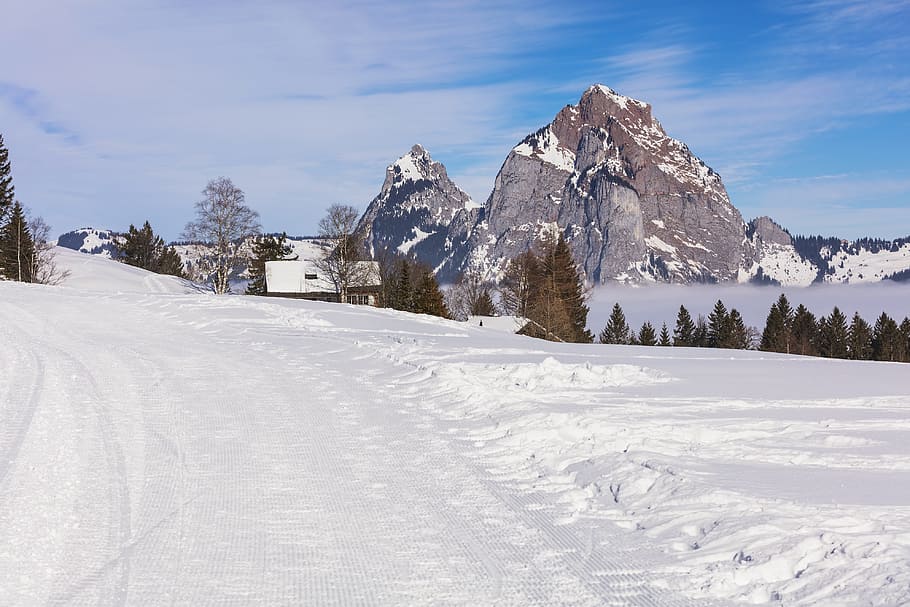 pathway, coated, snow, mountains, switzerland, stoos, village, alpine, travel, travel destination