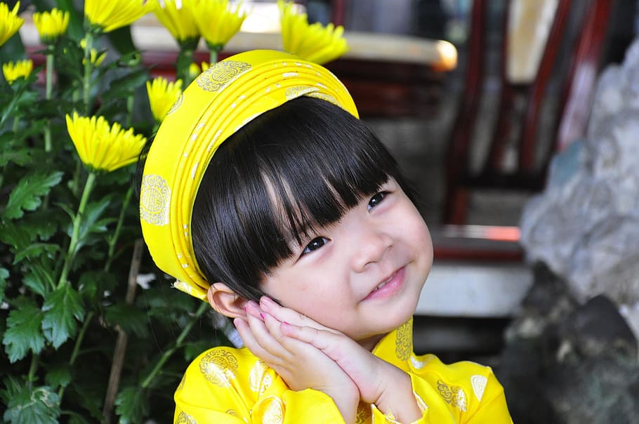 girl, wearing, yellow, top, child, asian, model, traditional, people, asian Ethnicity