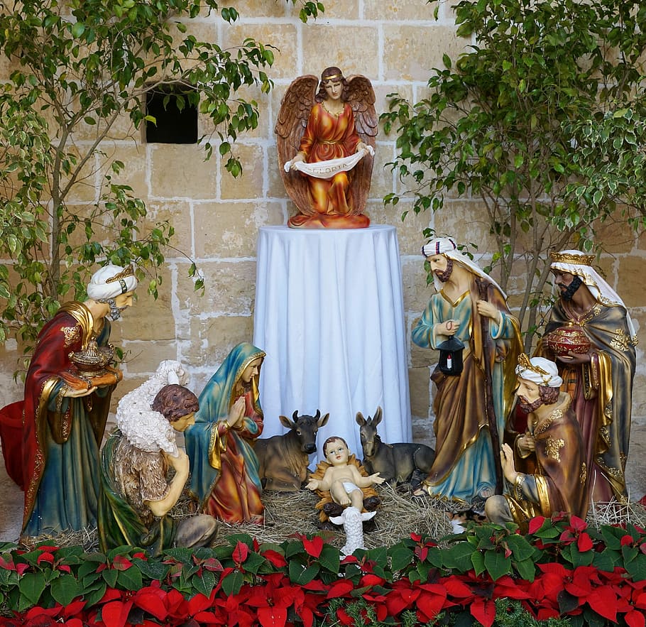 Crib, Christmas, Malta, Jesus, Maria, jesus, maria, birth, angel, flowers, red