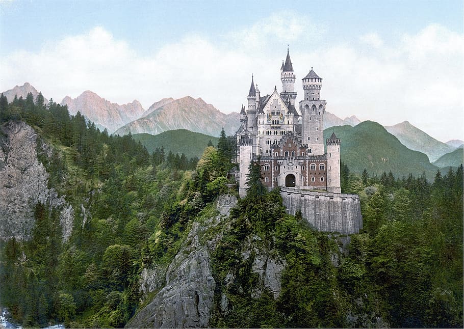gris, marrón, hormigón, palacio, acantilado, Neuschwanstein, castillo, Baviera, barroco, siglo XIX