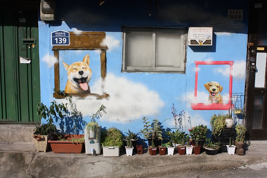 ant town, mural, puppy, wall, graffiti, mammal, one animal, dog, animal, animal themes