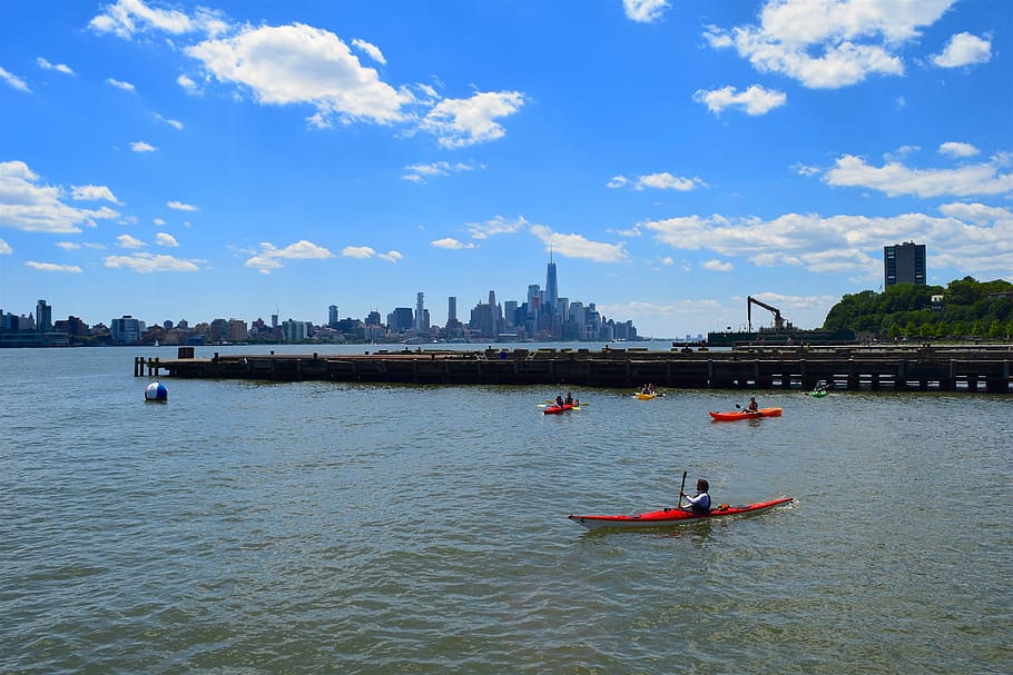 kayak, river, hudson river, nyc, new york, skyline, downtown, skyscrapers, water, kayaking