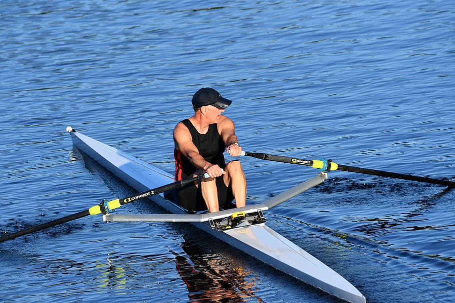 rowing, single, older, retired, sculling, seniors, blue water, water, man, competition