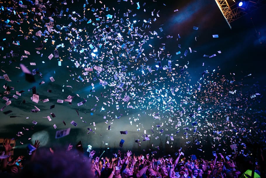 crowded, area, banknotes, flying, confetti, concert, people, crowd, night, lights