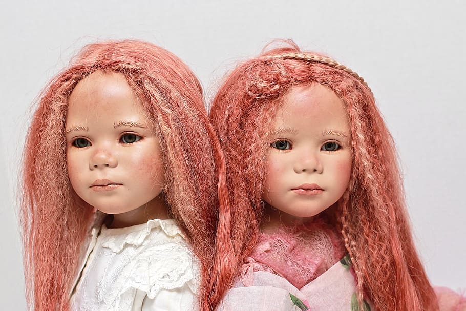 two porcelain dolls, twin redheads, serious, dolls, little girls, child, childhood, women, portrait, females