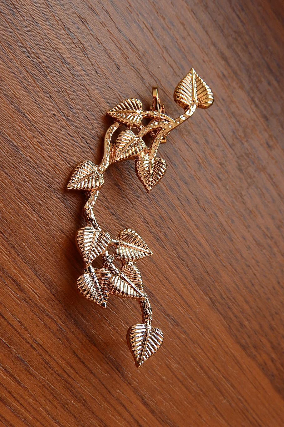 golden earring, big earrings, gold jewelry, earrings with petals, gold twig with leaves, wood - material, indoors, decoration, art and craft, table
