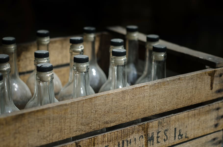 clear, glass bottles, brown, wooden, crate, beer, vintage, antique, alcohol, bootlegging