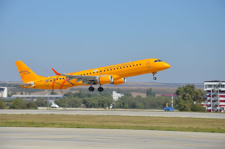 plane, embraer 190 ar, saratov airlines, airport, mineral water, sky, take off, air vehicle, airplane, transportation