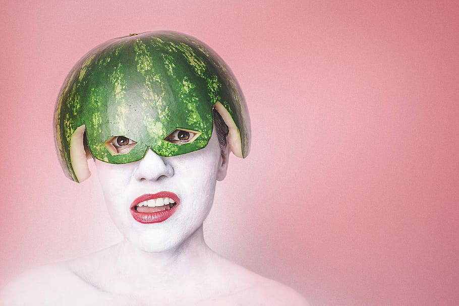 woman, watermelon, head, people, whimsical, lazy, food, silly, goofy, funny