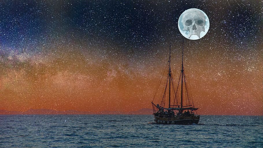 brown, wooden, sailship, full, moon, skull print, star, universe, ship, sea