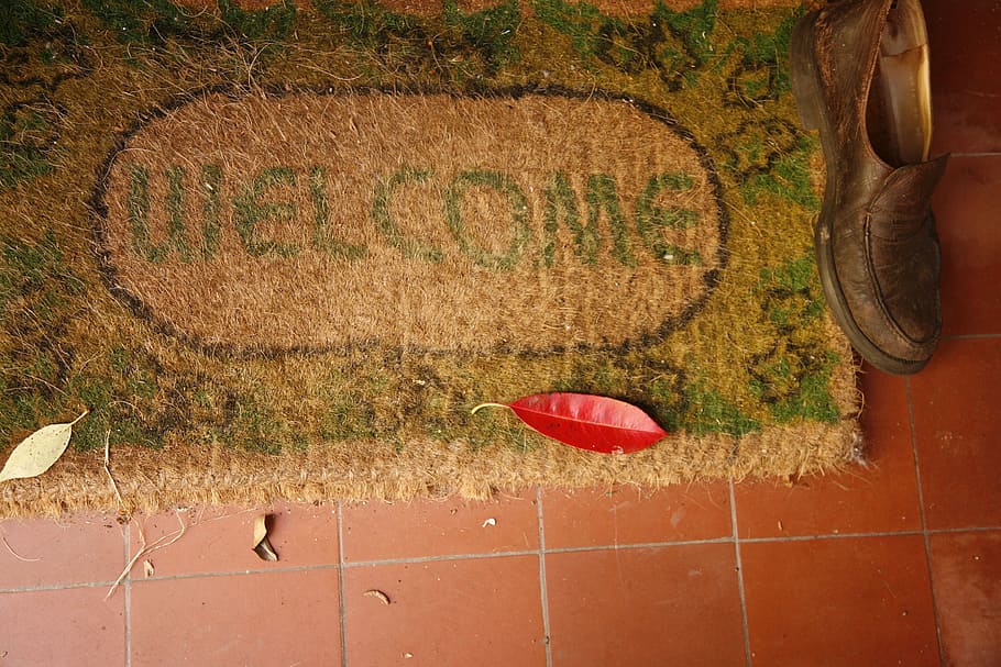 marrón, verde, bienvenido, estera, baldosas, bienvenido a casa, signo, puerta, entrada, casa