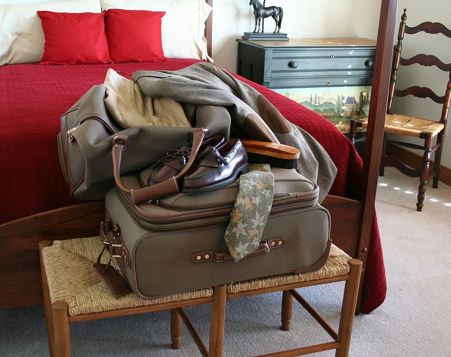 pair, brown, leather loafers, luggage bag, Luggage, Suitcase, Shoes, Tie, Travel, vacation