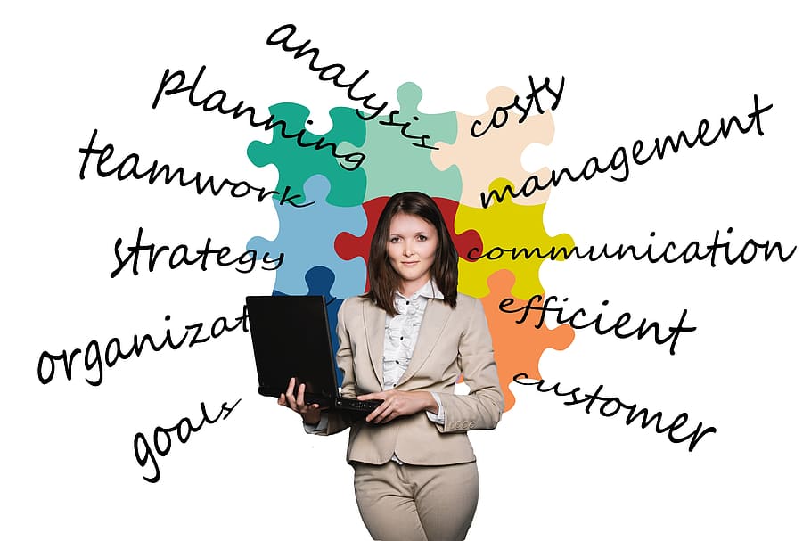 woman, beige, blazer, pants, holding, black, laptop computer, businesswoman, business, puzzle