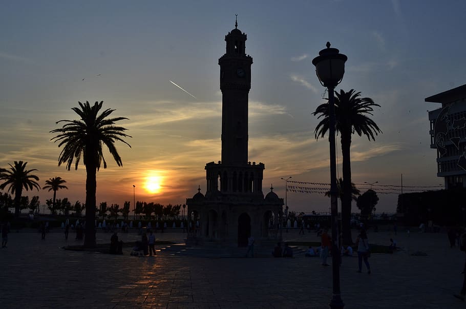 izmir, time, tower, mansion, symbol, sky, sunset, architecture, palm tree, tropical climate