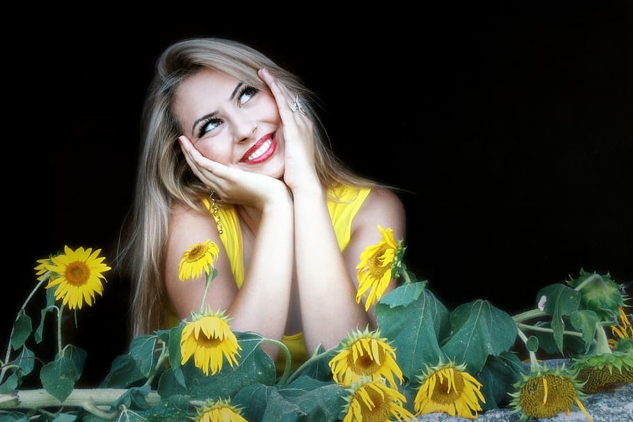 woman, wearing, yellow, sleeveless, top, girl, sunflower, smile, portrait, women