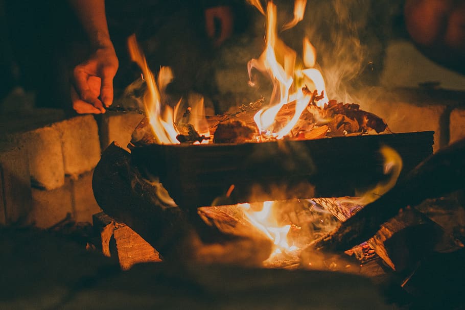 fire, bonfire, flames, logs, heat, hot, night, evening, camping, outdoors