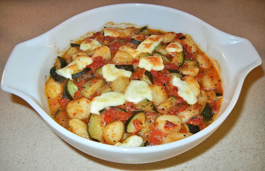 gnocchi, tomatoes, zucchini, buffalo mozzarella, herbs, food, food and drink, freshness, ready-to-eat, indoors