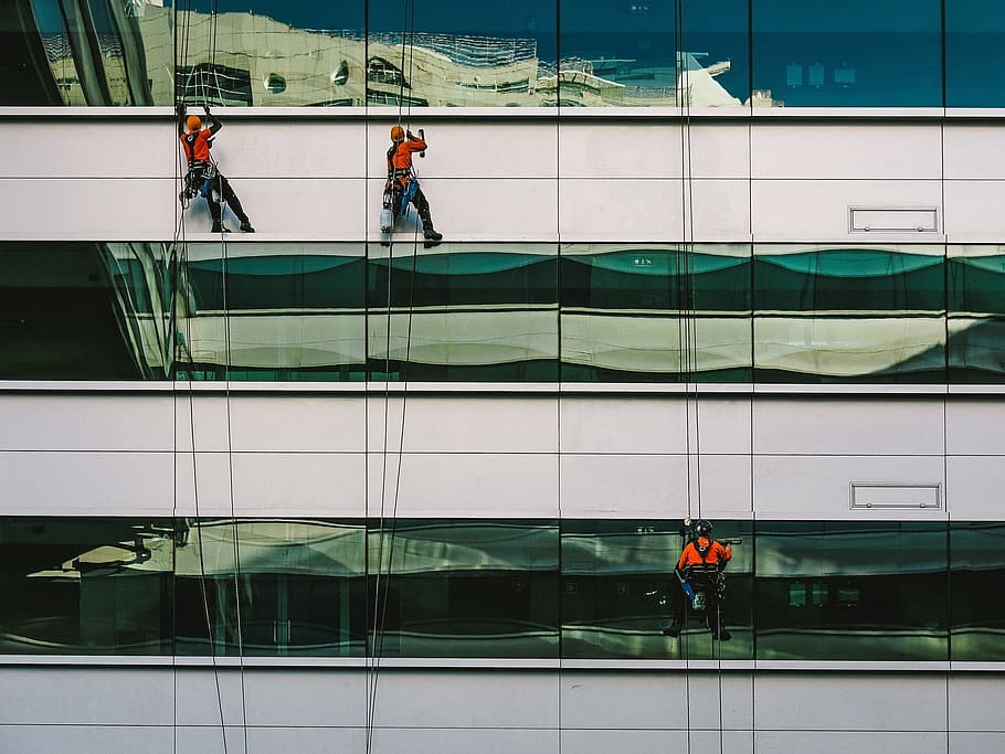 three, person, climbing, building, daytime, windows, washing, workers, reflection, architecture