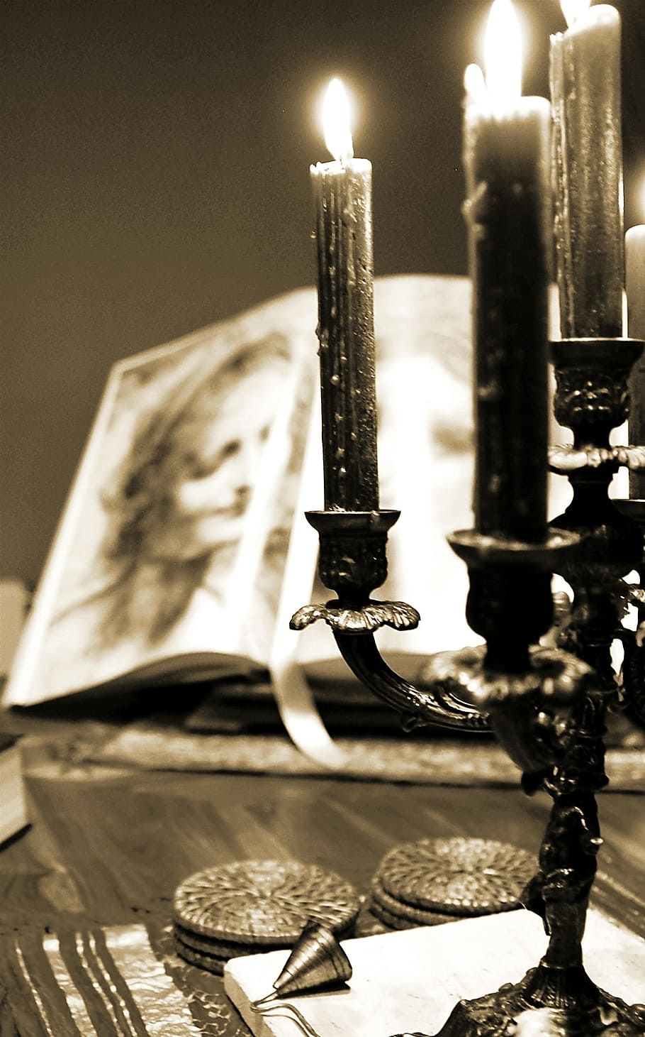 sepia, photography, lighted, candles, candelabra, open, books, candlestick, book, environment