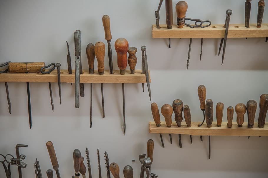 herramienta, banco de trabajo, artesanía, artesanos, alicates, martillo, reparación, retro, antigüedades, schuster