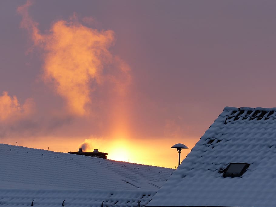 snow covered roof, Smoke, Chimney, Fireplace, Winter, Heat, sunbeam, morgenstimmung, sky, sunrise