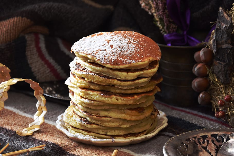 stack, pancakes, ceramic, plate, eating, pancake, food, sweet dish, breakfast, sweet