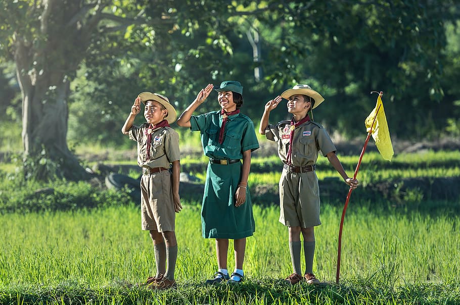 boy, girl, standing, rice fields, daytime, boys, scout, scouting, asia, thailand