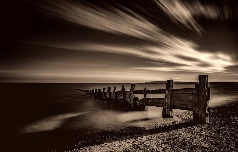 grayscale photo, bridge, body, water, Sunset, Dusk, Black And White, Sepia, beautiful, pier