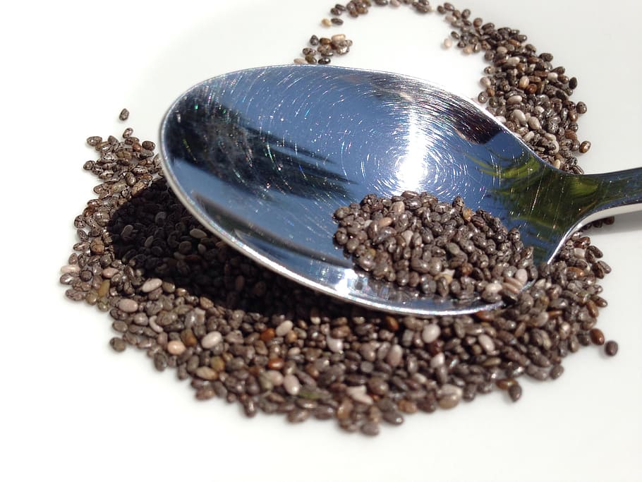colher de metal prata, preto, grãos, sementes, sementes de chia, colher, muesli, grão, cereais, colher de chá