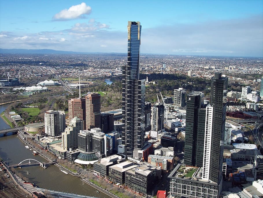 aérea, foto, preto, cinza, alto, edifício da ascensão, dia, Edifícios, Torre Eureka, Melbourne
