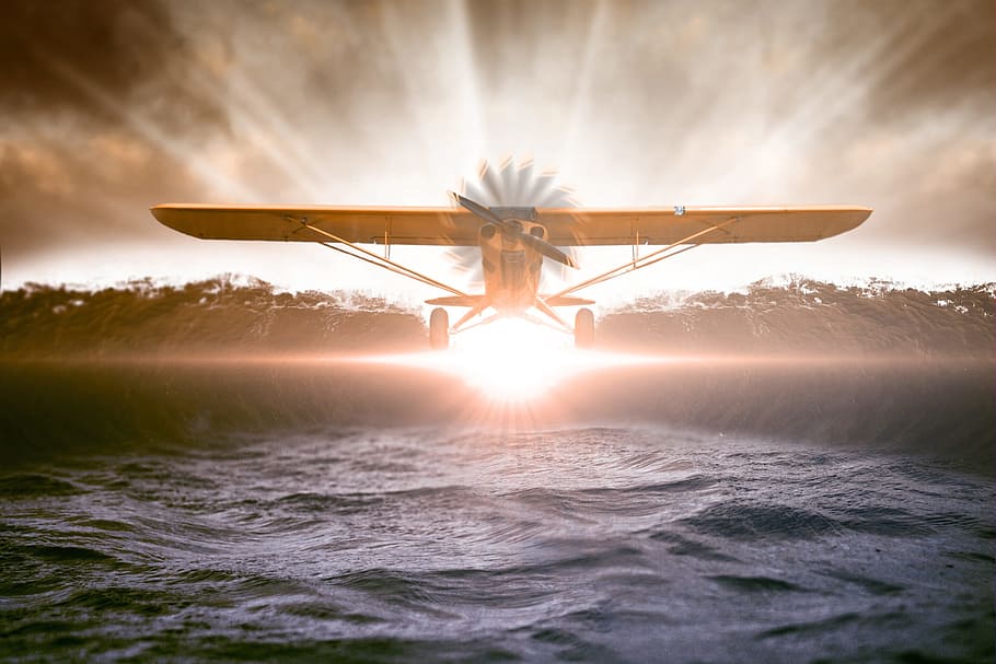 brown, crop duster, body, water, sun light painting, aircraft, propeller, aviation, fly, flyer
