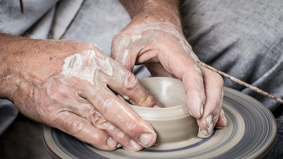 person molding, gray, clay pot, hands, hand, work, constructs, clay, keramikář, potter