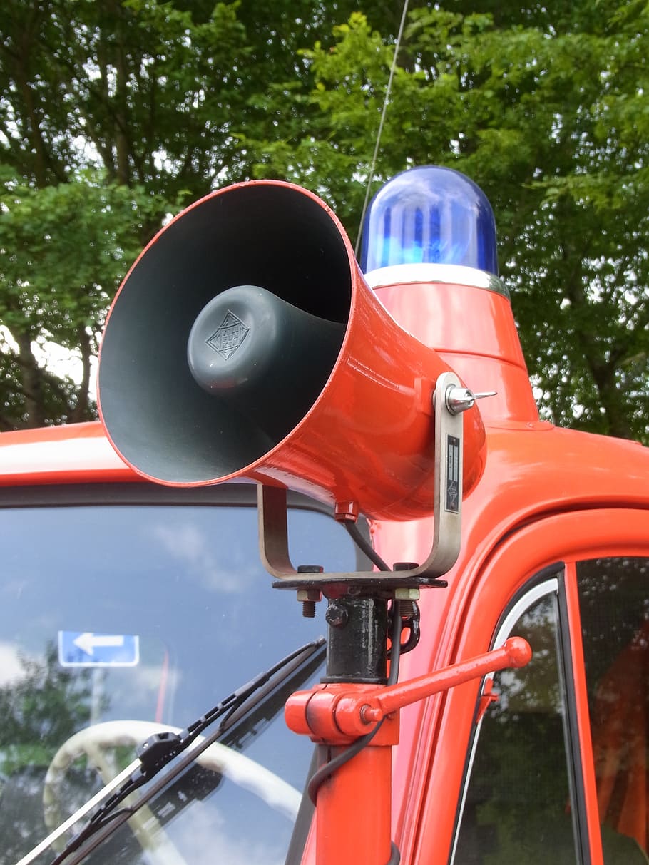 auto, oldtimer, fire, red, horn, signal, speaker firetruck, mode of transportation, day, transportation